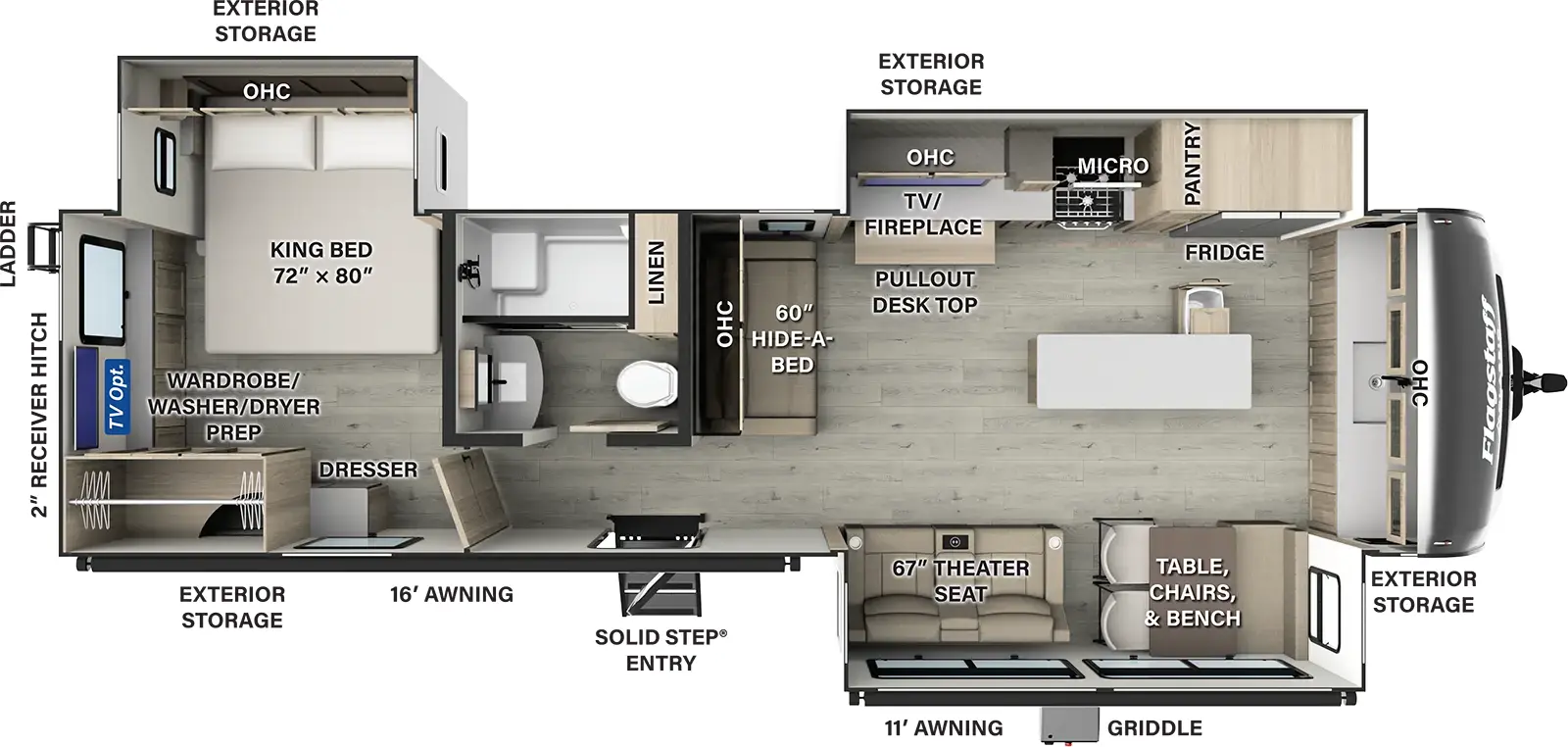 The Flagstaff Classic Travel Trailers 832FK has one entry and three slide outs. Exterior features include: fiberglass exterior and 16' & 11' awning. Interiors features include: front kitchen, kitchen island and rear bedroom.